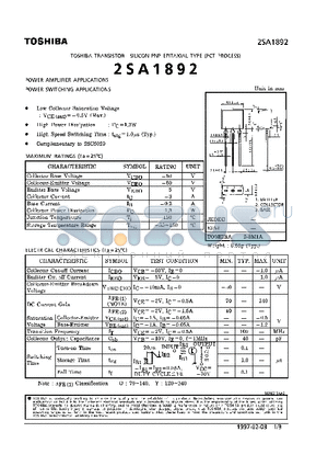 2SA1892 datasheet - TRANSISTOR (POWER AMPLIFIER, SWITCHING APPLICATIONS)