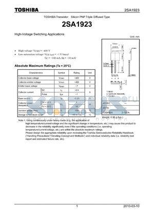 2SA1923_10 datasheet - High-Voltage Switching Applications