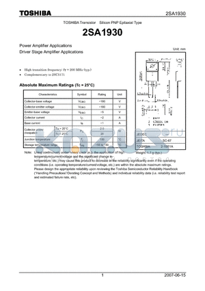 2SA1930 datasheet - Power Amplifier Applications Driver Stage Amplifier Applications