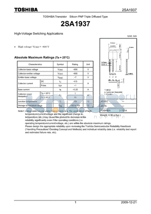 2SA1937 datasheet - High-Voltage Switching Applications