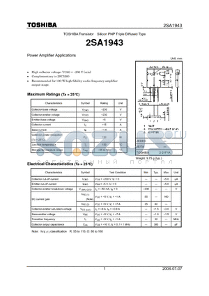 2SA1943 datasheet - Power Amplifier Applications