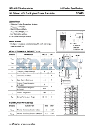 BD645 datasheet - isc Silicon NPN Darlington Power Transistor