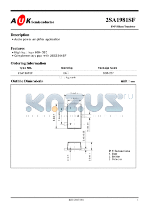 2SA1981SF datasheet - PNP Silicon Transistor (Audio power amplifier application)