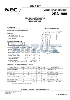 2SA1988 datasheet - PNP SILICON TRANSISTOR POWER AMPLIFIER INDUSTRIAL USE