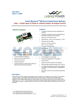AXH005A0X datasheet - 3 - 5.5Vdc input; 0.75Vdc to 3.63Vdc Output; 5A output current