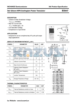 BD647 datasheet - isc Silicon NPN Darlington Power Transistor