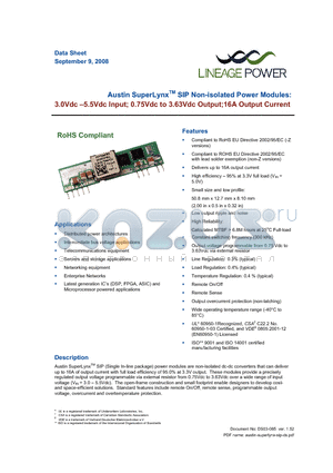 AXH016A0X3 datasheet - 3.0 - 5.5Vdc Input; 0.75Vdc to 3.63Vdc Output; 16A output current