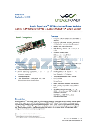 AXH016A0X3-12 datasheet - 3.0 - 5.5Vdc Input; 0.75Vdc to 3.63Vdc Output; 16A output current