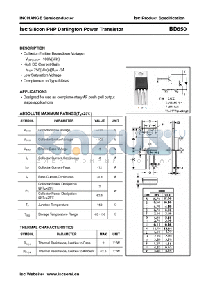 BD650 datasheet - isc Silicon PNP Darlington Power Transistor