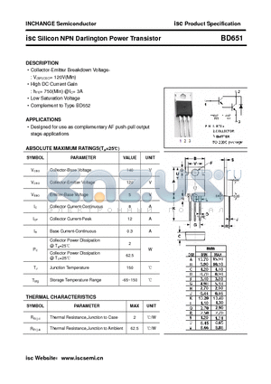 BD651 datasheet - isc Silicon NPN Darlington Power Transistor