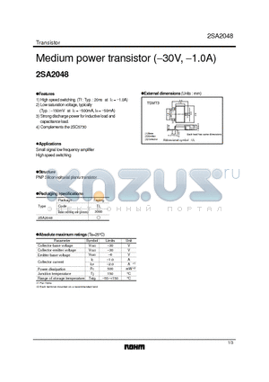 2SA2048 datasheet - Medium power transistor (-30V, -1.0A)