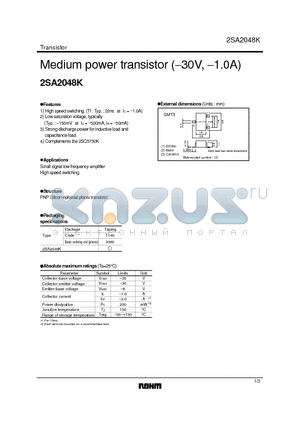 2SA2048K datasheet - Medium power transistor (-30V, -1.0A)