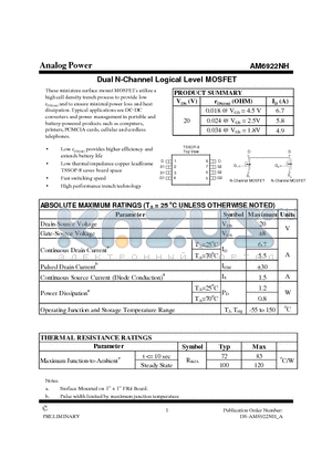 AM6922NH datasheet - Dual N-Channel Logical Level MOSFET