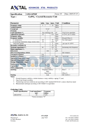 AXGAP52F datasheet - GaPO4 - Crystal Resonator Unit