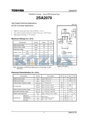 2SA2070 datasheet - TOSHIBA Transistor Silicon PNP Epitaxial Type
