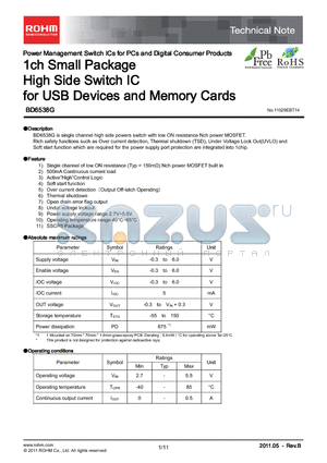 BD6538G datasheet - 1ch Small Package High Side Switch IC for USB Devices and Memory Cards