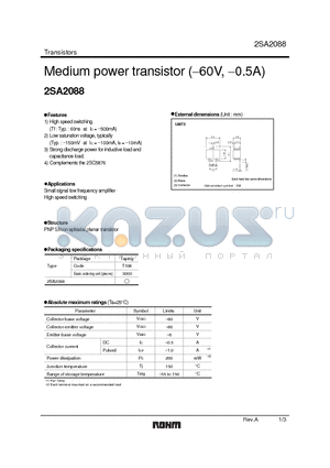 2SA2088 datasheet - Medium power transistor (−60V, −0.5A)