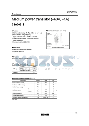 2SA2091S datasheet - Medium power transistor (-60V, -1A)