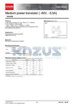 2SA2088 datasheet - Medium power transistor (-60V, -0.5A)