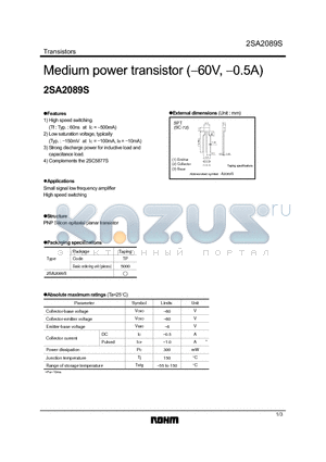 2SA2089S datasheet - Medium power transistor (-60V, -0.5A)