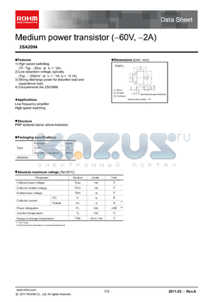 2SA2094 datasheet - Medium power transistor (-60V, -2A)