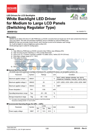 BD6581GU datasheet - White Backlight LED Driver for Medium to Large LCD Panels (Switching Regulator Type)