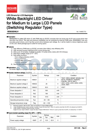 BD6592MUV datasheet - White Backlight LED Driver for Medium to Large LCD Panels (Switching Regulator Type)