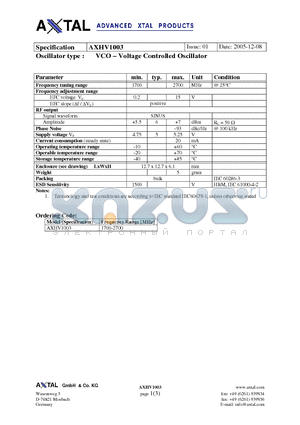 AXHV1003 datasheet - VCO - Voltage Controlled Oscillator