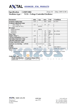 AXHV1004 datasheet - VCO - Voltage Controlled Oscillator