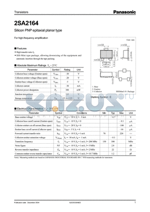 2SA2164 datasheet - Silicon PNP epitaxial planar type For high-frequency amplification