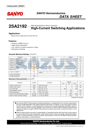 2SA2192 datasheet - PNP Epitaxial Planar Silicon Transistor High-Current Switching Applications