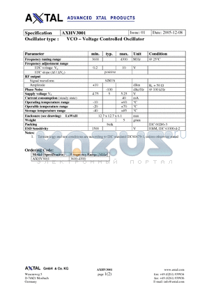 AXHV3001 datasheet - VCO - Voltage Controlled Oscillator