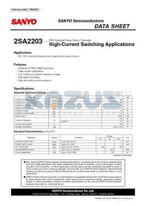 2SA2203 datasheet - PNP Epitaxial Planar Silicon Transistor High-Current Switching Applications