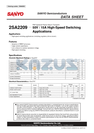 2SA2209 datasheet - PNP Epitaxial Planar Silicon Transistor 50V / 15A High-Speed Switching