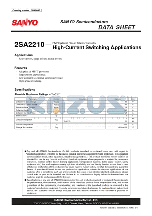 2SA2210 datasheet - PNP Epitaxial Planar Silicon Transistor High-Current Switching Applications
