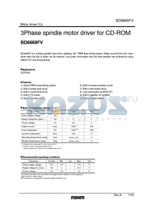 BD6669FV datasheet - 3Phase spindle motor driver for CD-ROM