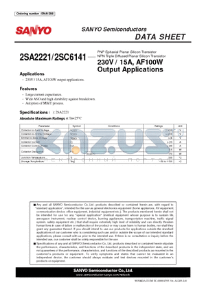 2SA2221 datasheet - 230V / 15A, AF100W Output Applications