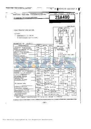 2SA490 datasheet - SILICON PNP TRIPLE DIFFUSED TYPE