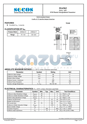 2SA562 datasheet - PNP Plastic Encapsulated Transistor