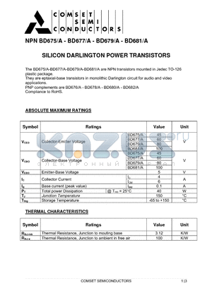 BD675 datasheet - SILICON DARLINGTON POWER TRANSISTORS