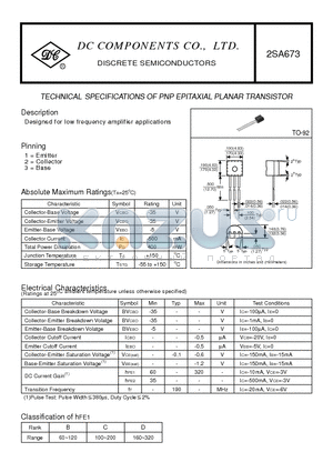2SA673 datasheet - TECHNICAL SPECIFICATIONS OF PNP EPITAXIAL PLANAR TRANSISTOR