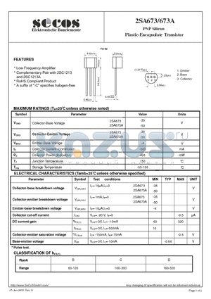 2SA673 datasheet - PNP Silicon Plastic-Encapsulate Transistor