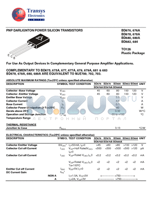 BD676A datasheet - PNP DARLIGNTON POWER SILICON TRANSISTORS