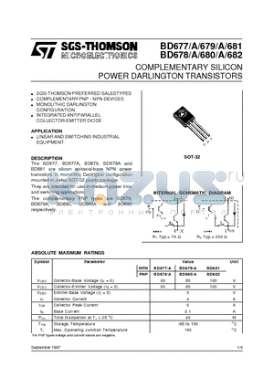 BD677 datasheet - COMPLEMENTARY SILICON POWER DARLINGTON TRANSISTORS