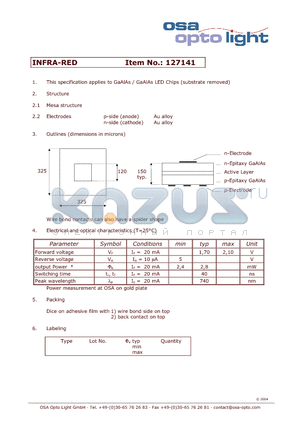 127141 datasheet - GaAlAs / GaAlAs LED Chips (substrate removed)