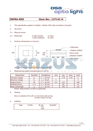 127141H datasheet - GaAlAs / GaAlAs LED Chips (substrate removed)