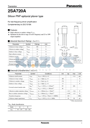 2SA720A datasheet - Silicon PNP epitaxial planer type(For low-frequency driver amplification)