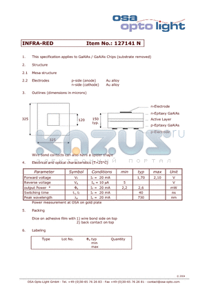 127141N datasheet - GaAlAs / GaAlAs Chips (substrate removed)