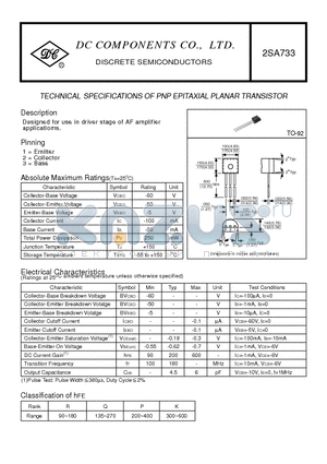 2SA733 datasheet - TECHNICAL SPECIFICATIONS OF PNP EPITAXIAL PLANAR TRANSISTOR