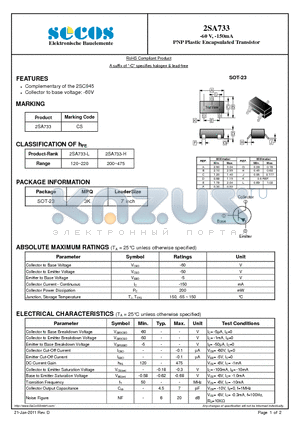 2SA733 datasheet - PNP Plastic Encapsulated Transistor